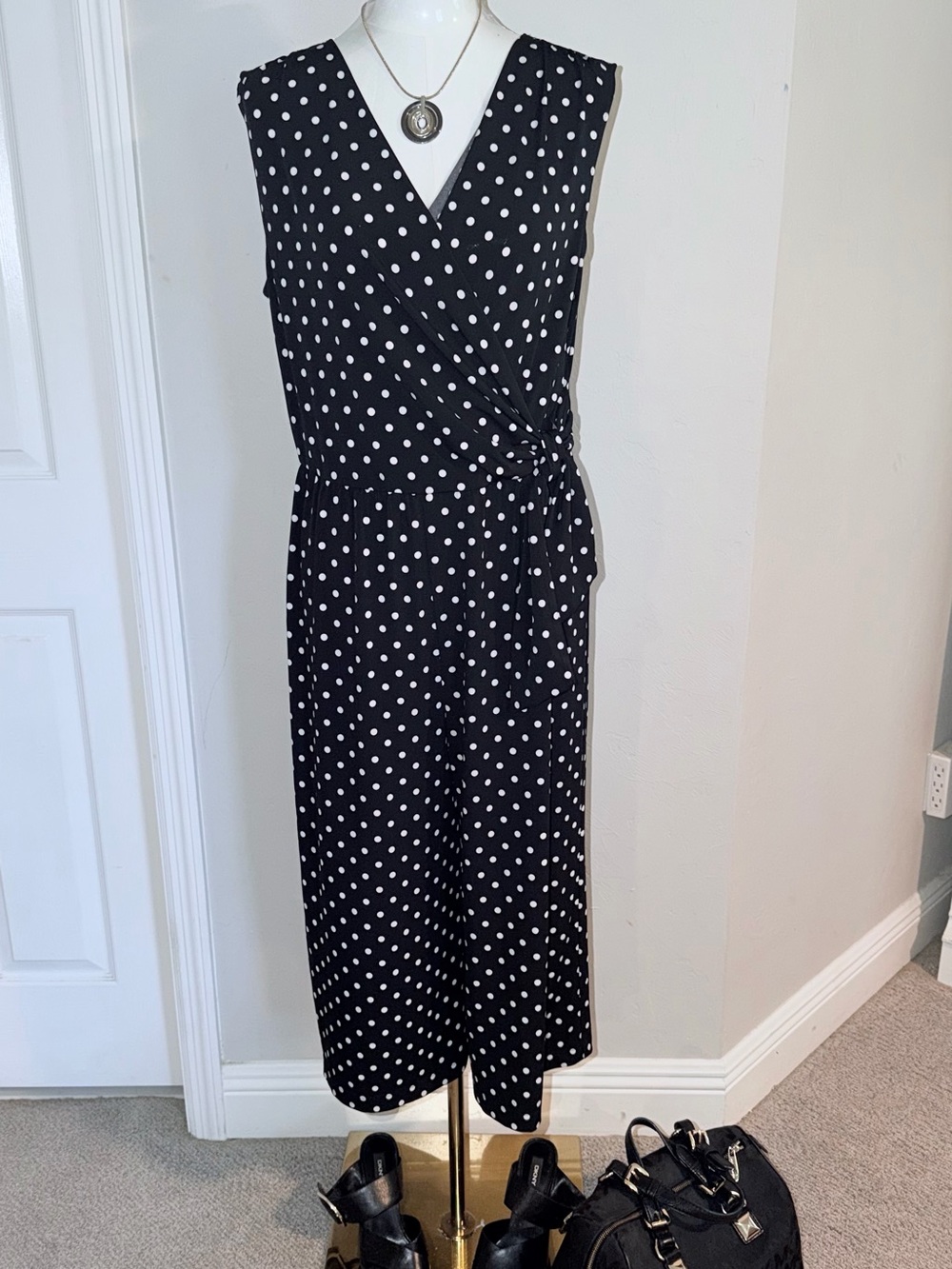 Connected Apparel Black and White Polka Dot Sleeveless Wrap Jumpsuit